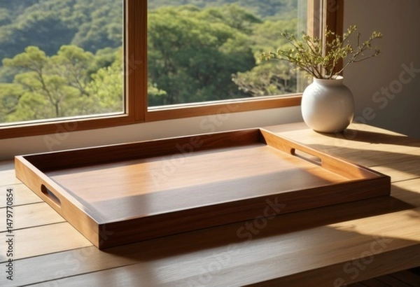 Fototapeta The table has a wooden tray with a vase on it