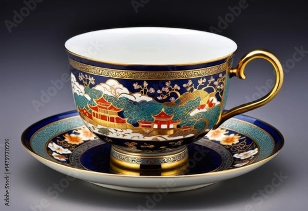 Fototapeta The table had a cup and saucer with a gold rim on it