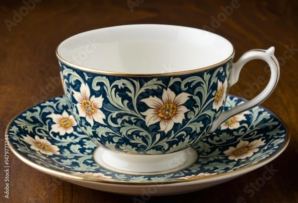 Fototapeta On the table is a cup and saucer with flower motifs