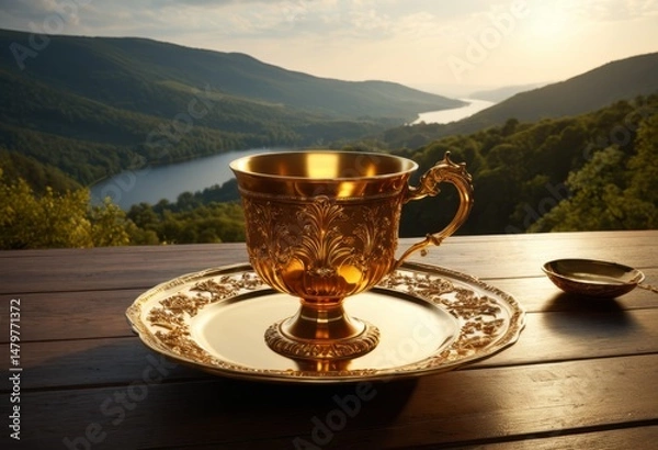 Fototapeta The table has a cup and saucer with a view of the lake