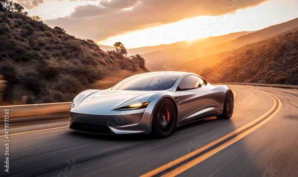 Obraz a sleek electric car driving on a futuristic highway with glowing LED lane markers and embedded solar panels, the road illuminated by a soft blue ambient glow, high-tech city skyline in the distance