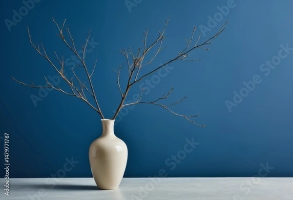 Fototapeta There is a white vase on the table with a branch inside