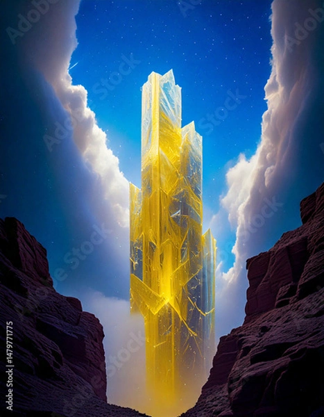 Obraz futuristic city, vertical architecture, mountain valley, glowing tower, dramatic landscape, science fiction, isolated structure, surreal environment, towering spire, advanced civilization, wilderness,