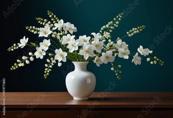 Fototapeta The table has a white vase with white flowers inside