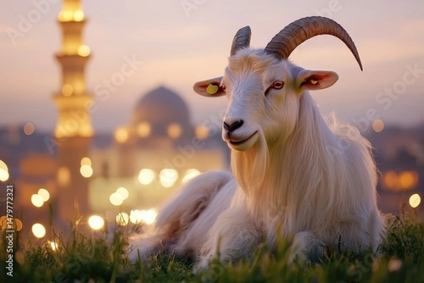 Fototapeta White goat resting in the twilight near illuminated mosque.
