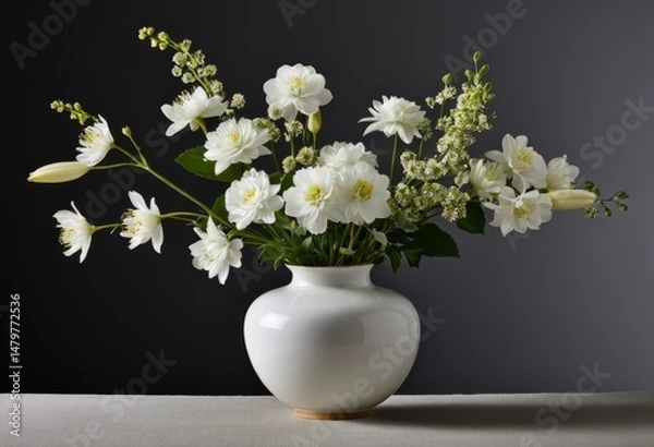Fototapeta The table has a white vase with white flowers inside