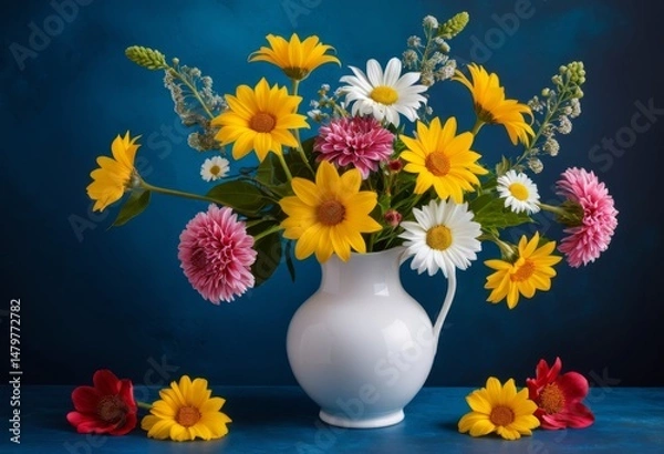 Fototapeta The table has a white vase with flowers inside