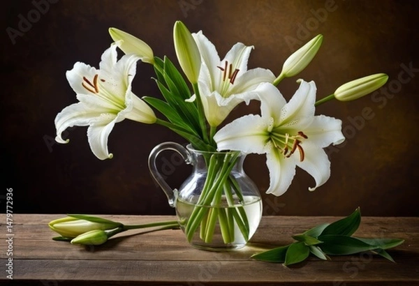 Fototapeta On the table is a vase with white flowers