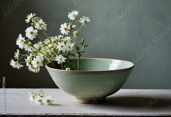 Fototapeta On the table there is a bowl with flowers inside