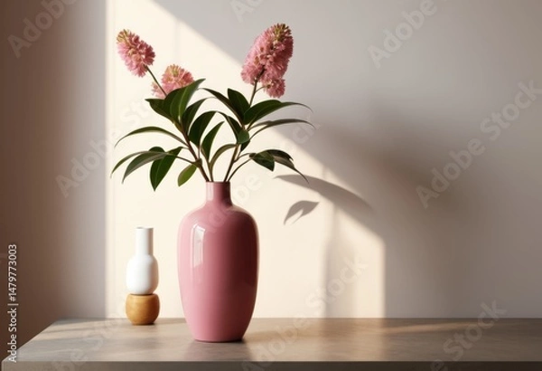 Fototapeta On the table there is a pink vase with flowers inside