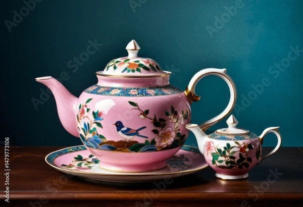 Fototapeta The table has a pink teapot and a cup