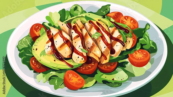 Fototapeta a bowl of healthy salad with avocado, tomatoes and chicken