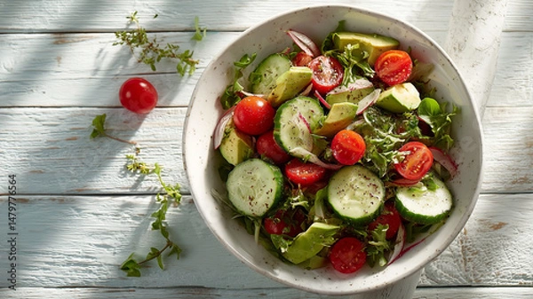 Fototapeta Fresh mixed green salad with cherry tomatoes and cucumbers