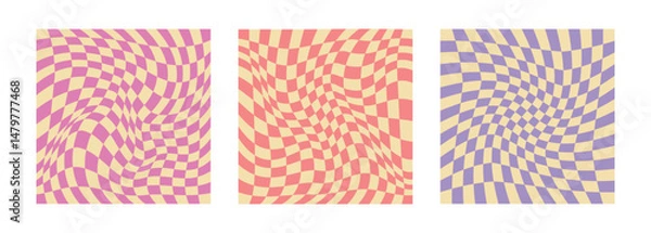 Fototapeta Candy cane pastel checkered boards. Abstract childish square backgrounds. Geometric pattern. Optical illusion, modern art. Psychedelic groovy swirls. Hippie covers, posters, cards, banners. Vector.