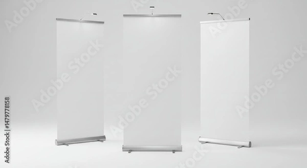 Fototapeta Blank White Roll Up Banners on Clean Background for Marketing Presentation Mockups