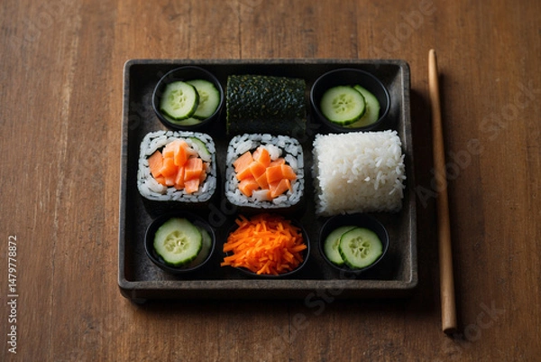 Obraz Sushi rice spread on nori with neatly arranged cucumber carrot and fish slices on a wooden surface surrounded by small bowls and tools under soft natural light