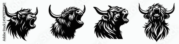Fototapeta Highland Cow. Roar Fierce Aggressive Strong Open Mouth Strength Clipart silhouette Vector Illustration. Long-haired bovine a rustic hairy cattle breed from scottish uplands.