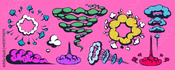 Fototapeta Comic explosion and smoke effect vector with colorful cartoon clouds, bursts, and motion trails. Comic smoke and comic cloud shapes. Great for comics, games, stickers, and playful design