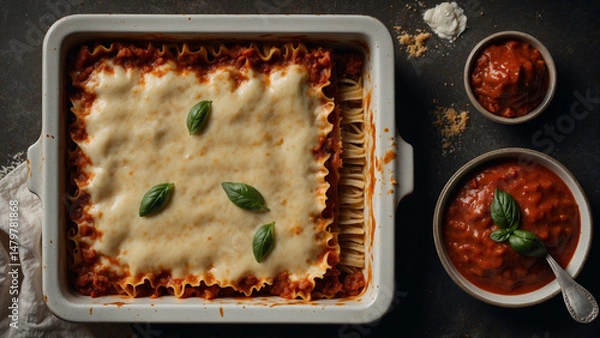 Fototapeta Overhead shot of raw lasagna in a ceramic tray showing visible layers of sauce and pasta with a spoon on the side and scattered fresh ingredients around it