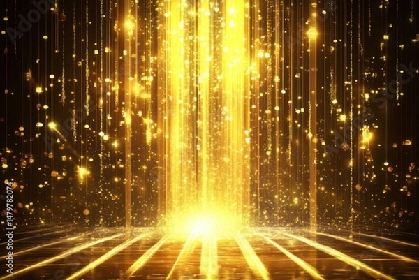 Fototapeta Golden Light Streaks and Sparkling Particles Abstract Background, Luxury Festive Celebration, Glamour and Elegance, Studio Shot