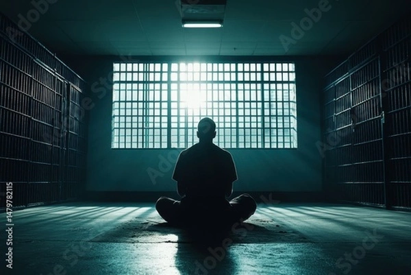 Fototapeta Man meditates in lotus pose in jail cell, sun light shining. Use for freedom, justice, prison, depression, and contemplation.