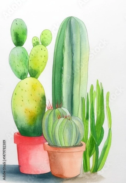 Fototapeta Watercolor Painting of Various Cacti in Pots