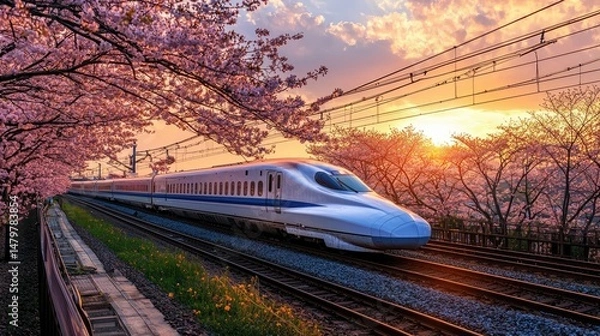 Fototapeta Stunning japanese high-speed train passing through blossoming trees at sunrise.