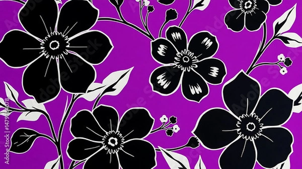 Obraz A vibrant, high-resolution floral pattern set against a rich, bright purple background, featuring bold, intricate black flowers with delicate petals and stems.
