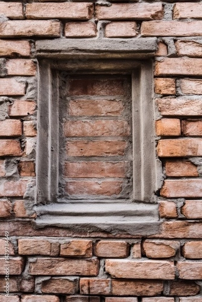 Fototapeta Exposed brick wall featuring an empty rectangular window frame in a rustic structure