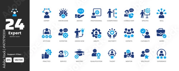 Obraz Expert Icon Set Collection - Glyph Solid Style. Containing Ability, Advice, Aptitude, Capability, Competence, Consultant, Dexterity, Experience, Expert, Expertise, Experts, Know How, Knowledge, Master