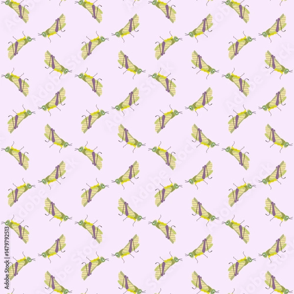 Obraz Simple vector pattern with grosshopper, endless texture on light violet background. Pring for women and kids wear, stationery, wrapping paper, textile.
