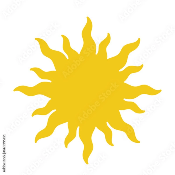 Fototapeta Flat yellow sun icon with wavy rays isolated on white background in simple summer weather symbol design