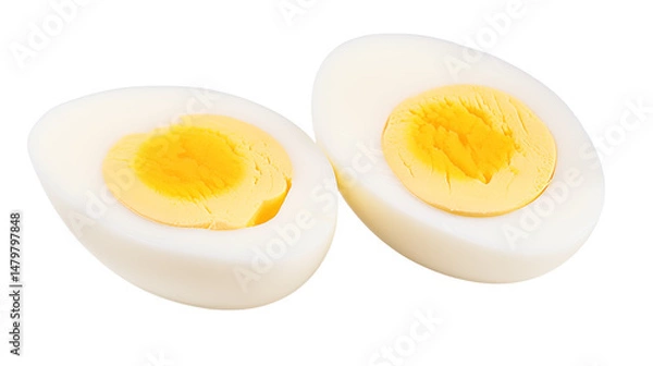 Fototapeta Two halved hard boiled eggs with yellow yolks on transparent background