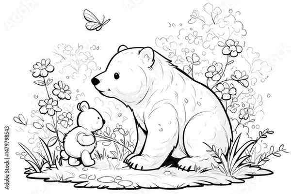 Obraz Black and white illustration of a bear and a cub in a floral setting.