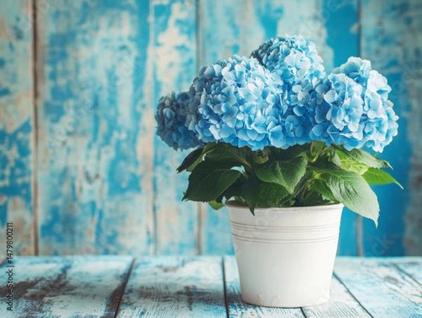 Fototapeta Beautiful blue hydrangea in a white pot on a rustic wooden table