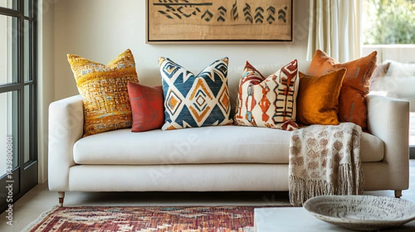 Fototapeta Contemporary living area with a neutral beige sofa, vibrant patterned pillows in geometric designs.