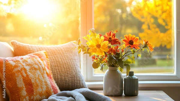 Fototapeta Cozy and bright living room featuring soft, comfortable sofas, colorful throw pillows, fresh seasonal flowers arranged in modern vases.