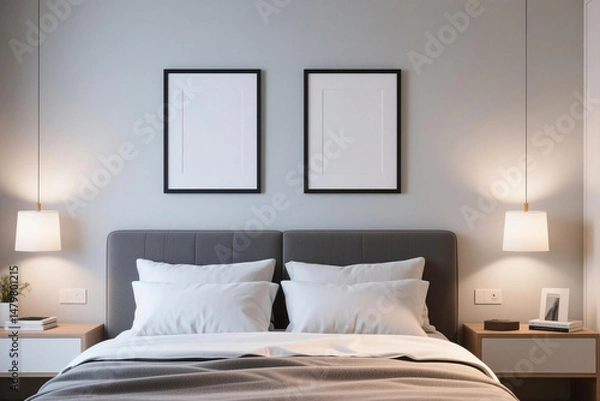 Fototapeta Minimalist bedroom interior with two framed blank posters above the bed, 3D rendering showcasing a clean, serene, and contemporary design.

