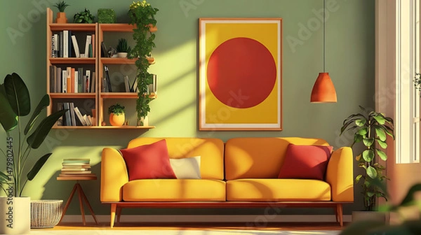 Fototapeta Modern living room with colorful interior, stylish designer furniture.