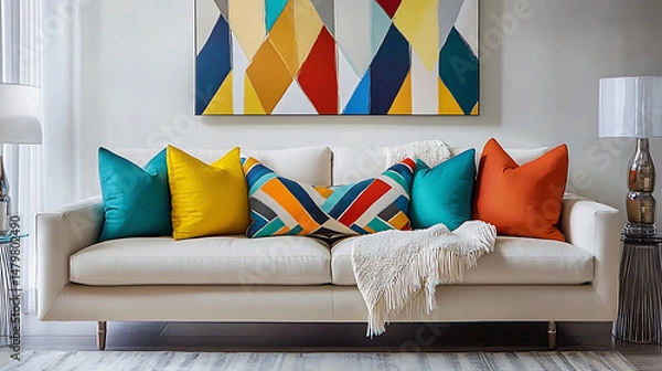 Fototapeta Modern living space featuring a light beige couch with colorful geometric pillows, a soft textured throw draped casually, and distinctive decor pieces.