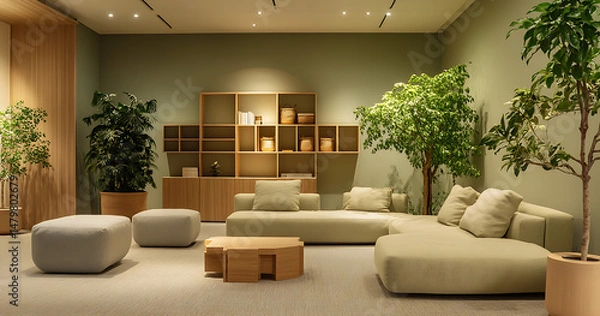 Fototapeta Modern living space in soft green and beige palette, plush seating, light wood furniture.
