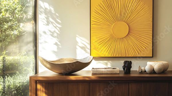 Fototapeta Sophisticated corner vignette with a vibrant yellow sunburst artwork, minimal modern sculptures, and rich wood elements.