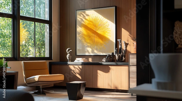 Fototapeta Sophisticated corner vignette with a vibrant yellow sunburst artwork.