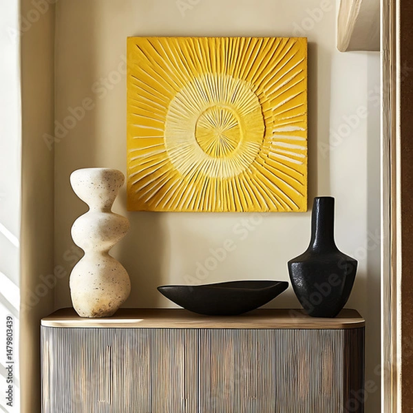 Fototapeta Stylish modern corner space featuring a radiant yellow sunburst print, abstract sculptures on a wooden console.