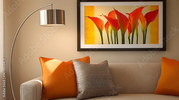 Fototapeta Stylish minimalist living room corner, neutral tones contrasted by vivid orange calla lilies, curved metallic lamp, modern art in frame.