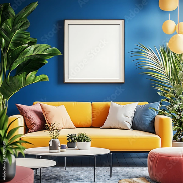 Fototapeta Stylish modern living room featuring a mock-up frame on a blue backdrop, colorful accents.