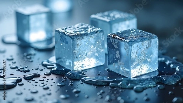 Fototapeta Close-up of three melting ice cubes on a wet surface, highlighting their clarity and detail. Shows ice texture with water droplets, emphasizing cool 
