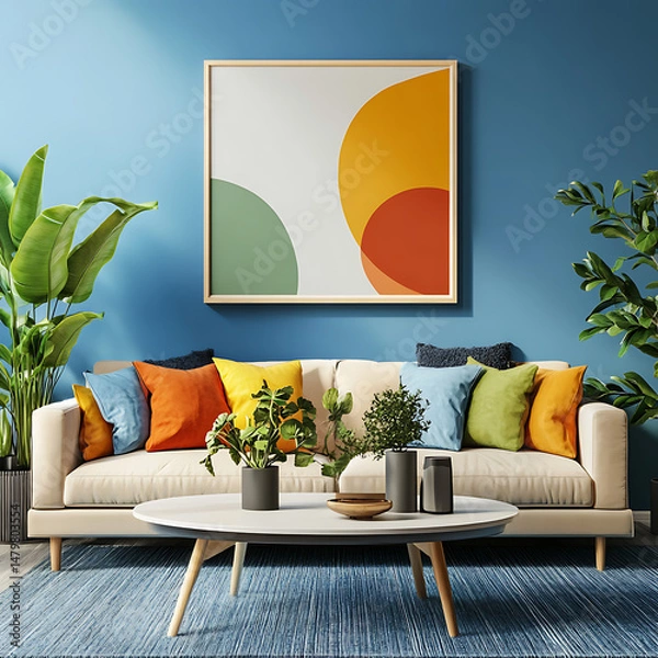 Fototapeta Stylish modern living room featuring a mock-up frame on a blue backdrop.