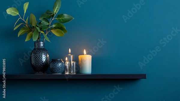 Fototapeta Vibrant home decor composition on a deep blue wall, featuring a sleek black shelf adorned.