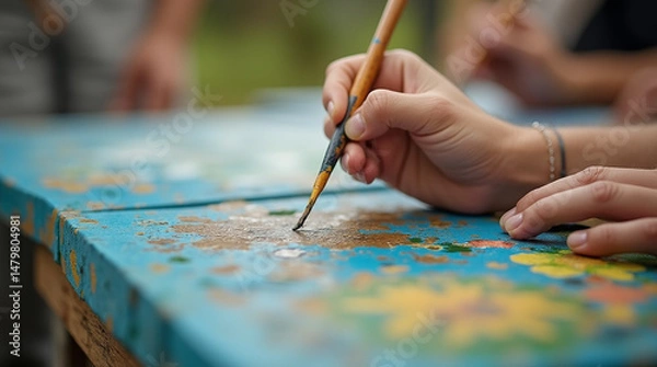 Fototapeta Close-Up of Artists Creating Art Outdoors – Microphotography of Brush Strokes and Canvas Texture